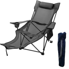 Folding Camp Chair 330 lbs Capacity w/ Footrest Mesh Lounge Chair, Cup Holder and Storage Bag - Gray