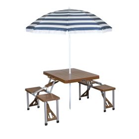 Folding Picnic Table with Umbrella, Aluminum Frame - Blue/Brown