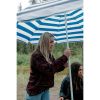 Folding Picnic Table with Umbrella, Aluminum Frame - Blue/Brown